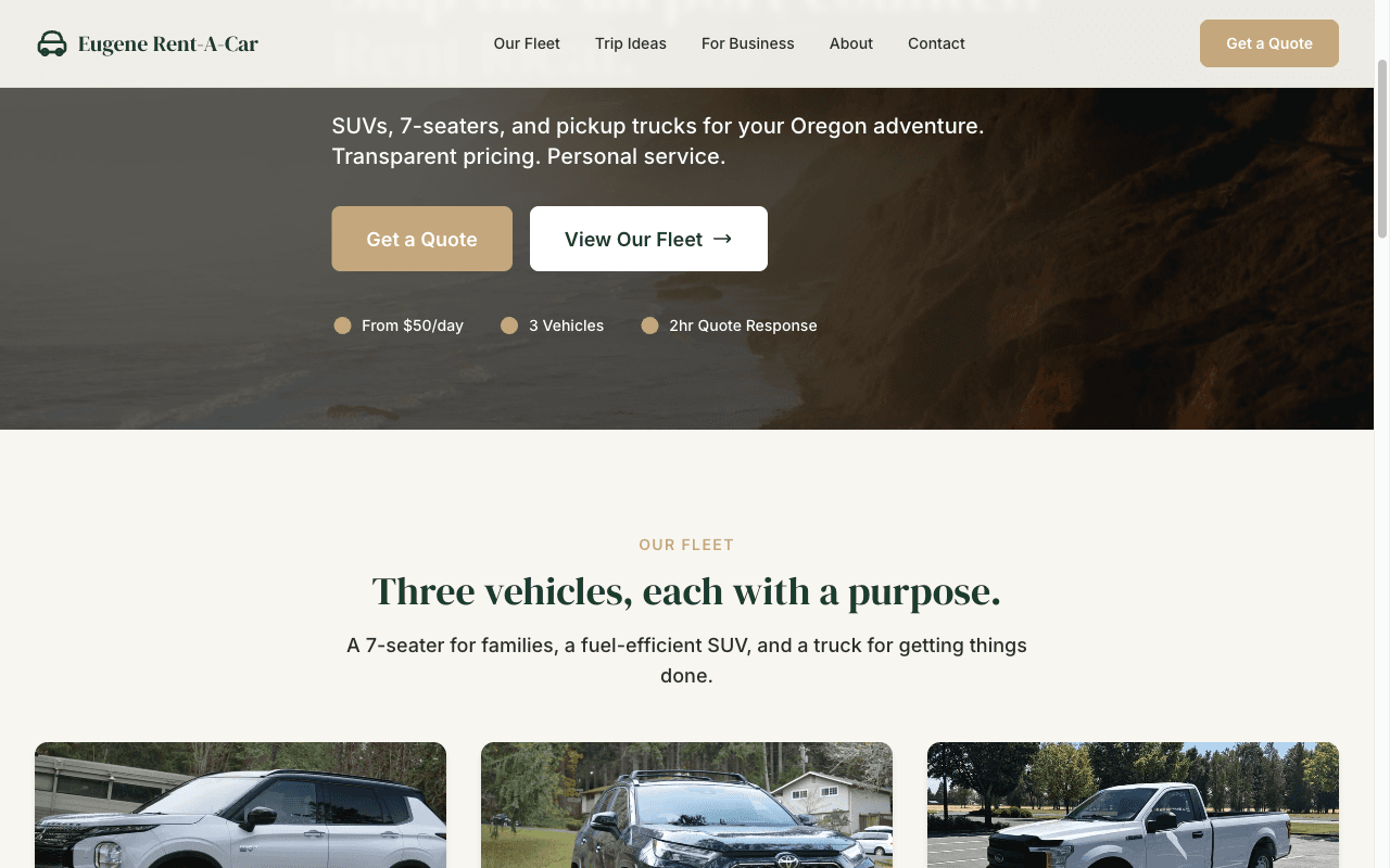 Eugene Rent A Car website screenshot